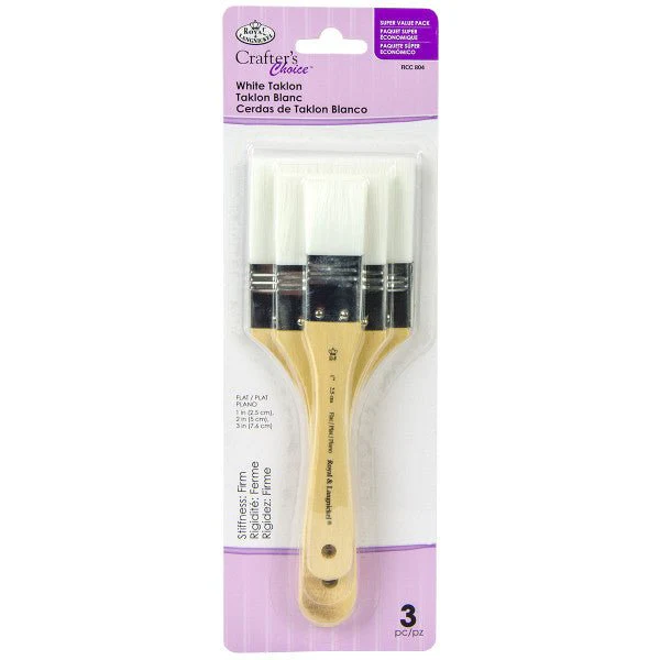 Wide brush Set - 3 Pack Flats, White Taklon 1 inch, 2 inch and 3 inch