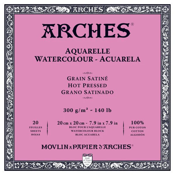 ARCHES Watercolor Block - Hot Pressed 140 lb 7.9x7.9 inch Block (20 Sheets)