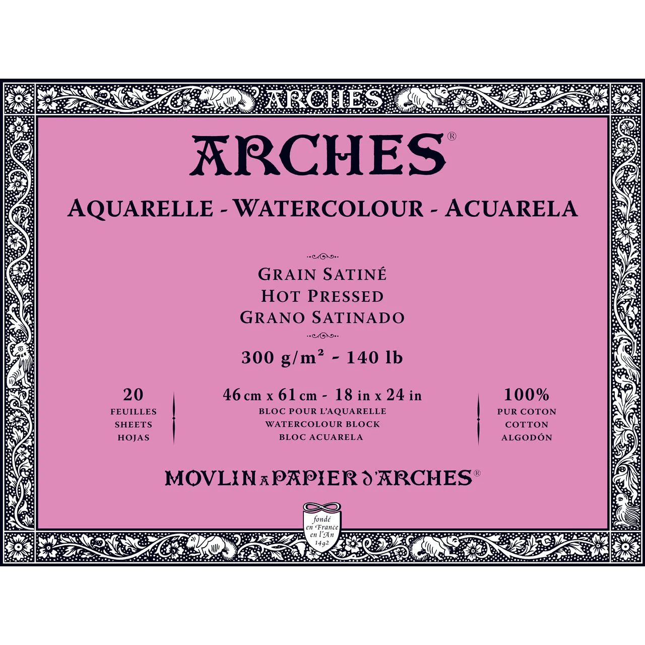 ARCHES Watercolor Block - Hot Pressed 140 lb 18x24 inch Block (20 Sheets)