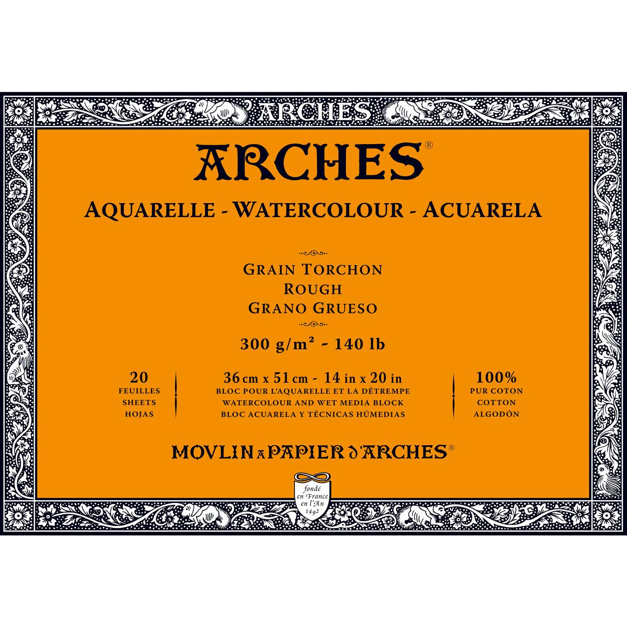 ARCHES Watercolor Block - Rough 140 lb 14x20 inch (20 Sheets)