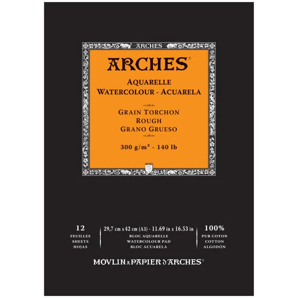 ARCHES Watercolor Rough Natural White 140 lb (300 gsm) 11.69x16.53 inch Pad (12 Sheets)