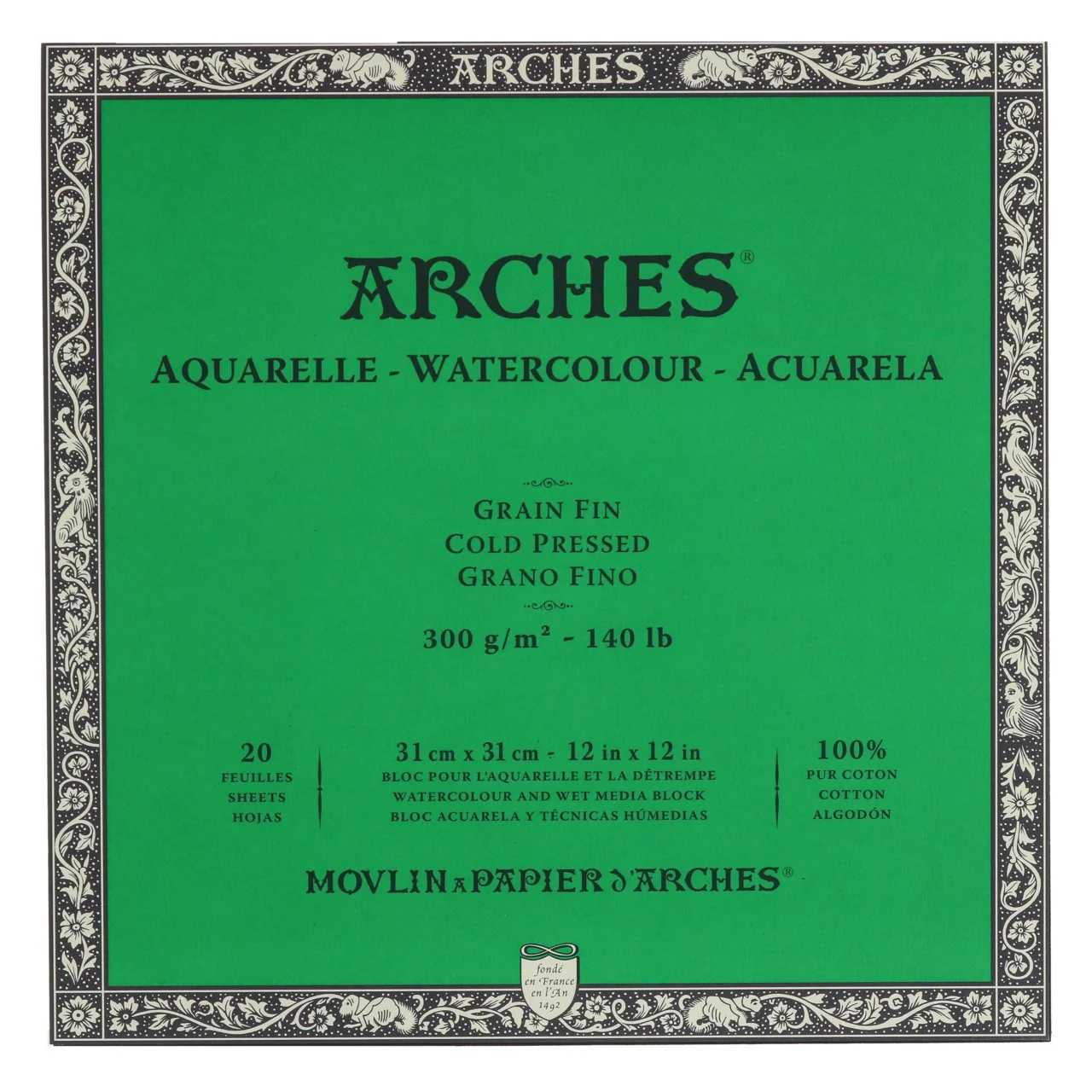 ARCHES Watercolor Block - Cold Pressed 140 lb 12x12 inch (20 Sheets)
