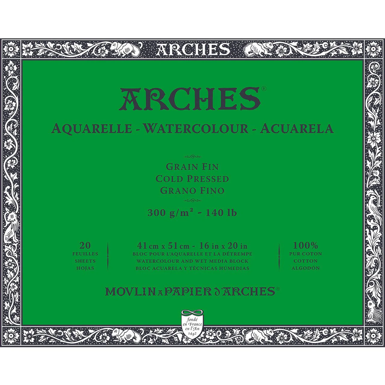 ARCHES Watercolor Block - Cold Pressed 140 lb 16x20 inch (20 Sheets)