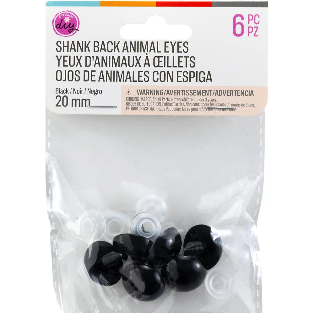 CousinDIY Shank Back Animal Eyes Black 20mm - Package of 6