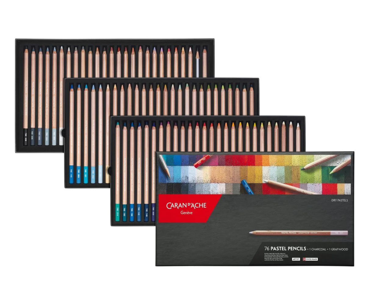 Caran d'Ache Pastel Pencil Set - 76 colors & Bonus 1 Charcoal, 1 Grafwood Pencil