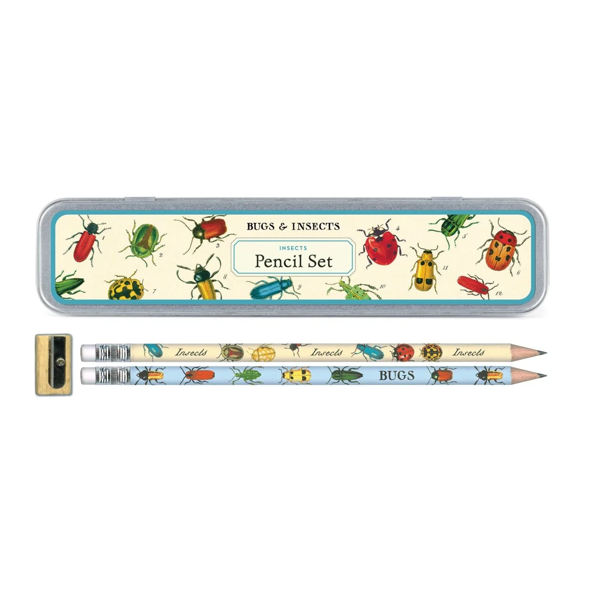 Cavallini & Co. Vintage Inspired Pencil Set - 10 pencils & sharpener in Metal Tin - Bugs & Insects