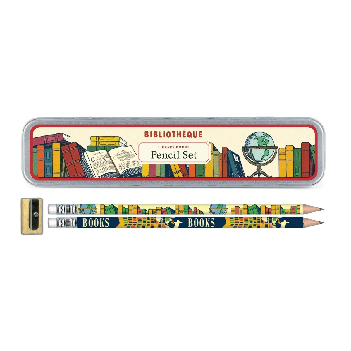 Cavallini & Co. Vintage Inspired Pencil Set - 10 pencils & sharpener in Metal Tin - Library Books