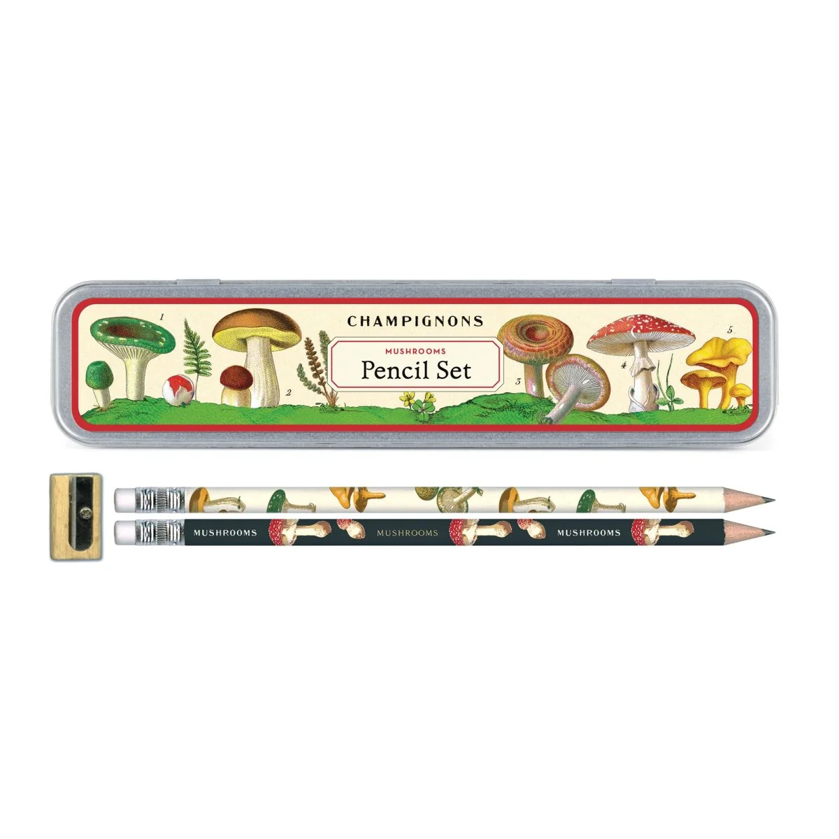 Cavallini & Co. Vintage Inspired Pencil Set - 10 pencils & sharpener in Metal Tin - Mushrooms