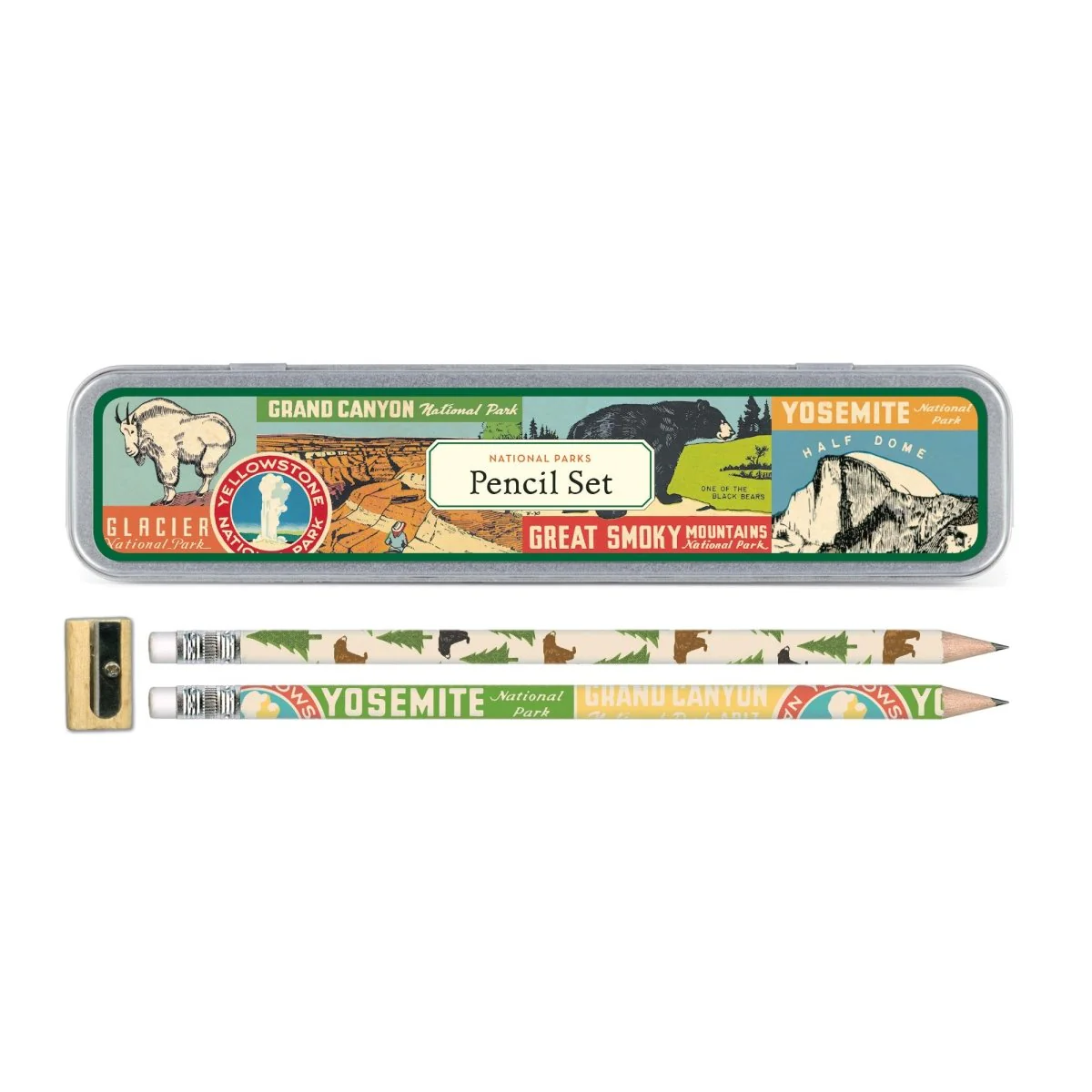 Cavallini & Co. Vintage Inspired Pencil Set - 10 pencils & sharpener in Metal Tin - National Parks