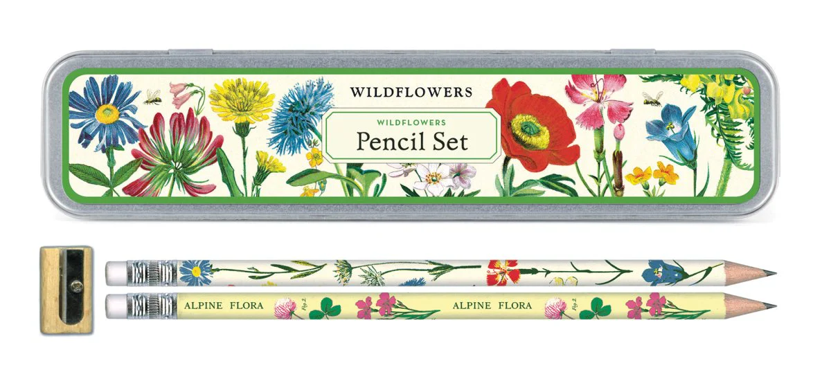 Cavallini & Co. Vintage Inspired Pencil Set - 10 pencils & sharpener in Metal Tin - Wildflowers