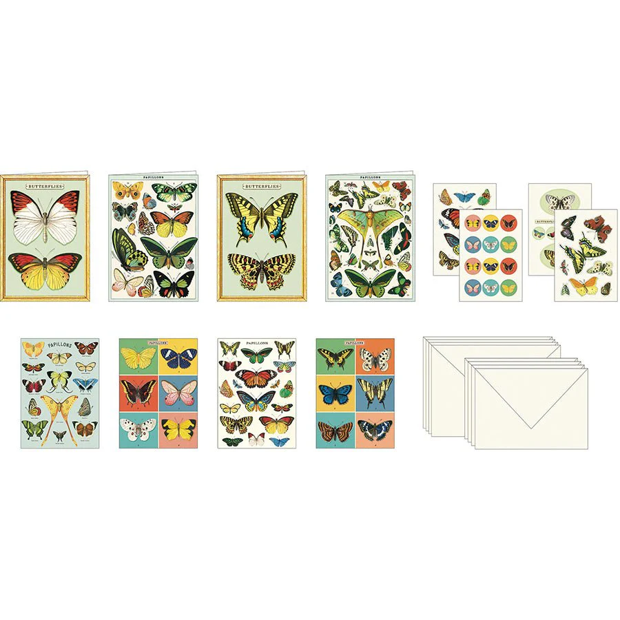 Cavallini & Co. Vintage Inspired Stationary Set (8 folded cards, 8 flat cards, 16 envelopes & 4 sheets of stickers) - Butterflies - Image 2