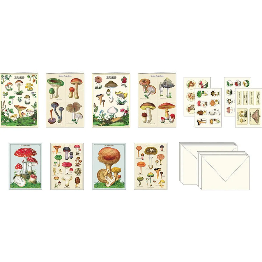 Cavallini & Co. Vintage Inspired Stationary Set (8 folded cards, 8 flat cards, 16 envelopes & 4 sheets of stickers) - Mushrooms - Image 2