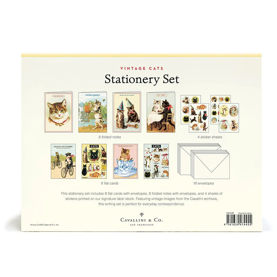 Cavallini & Co. Vintage Inspired Stationary Set (8 folded cards, 8 flat cards, 16 envelopes & 4 sheets of stickers) - Vintage Cats - Image 2