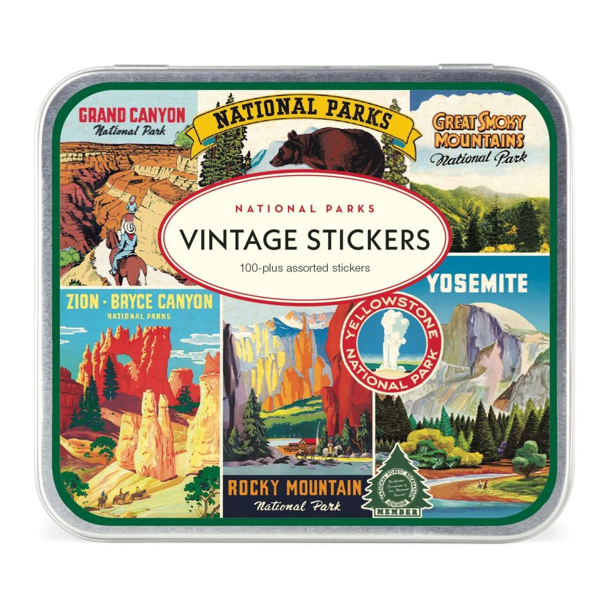 Cavallini & Co. Vintage Inspired Stickers - 24 sheets (at least 100 stickers) in a Metal Tin - National Parks