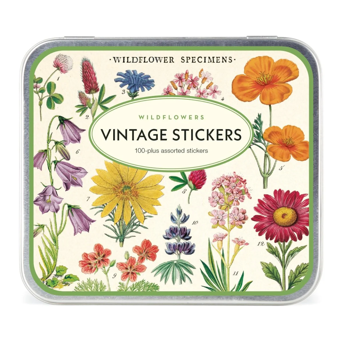 Cavallini & Co. Vintage Inspired Stickers - 24 sheets (at least 100 stickers) in a Metal Tin - Wildflowers