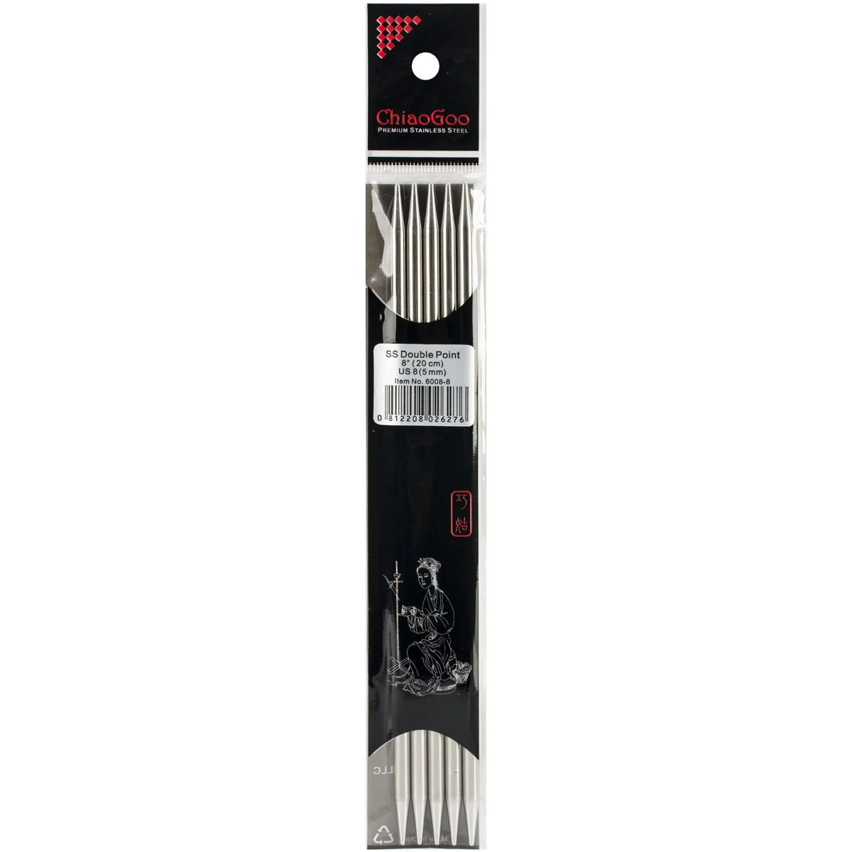 ChiaoGoo Double Point Stainless Knitting Needles 8" - 5 mm - Size 8 - pack of 5