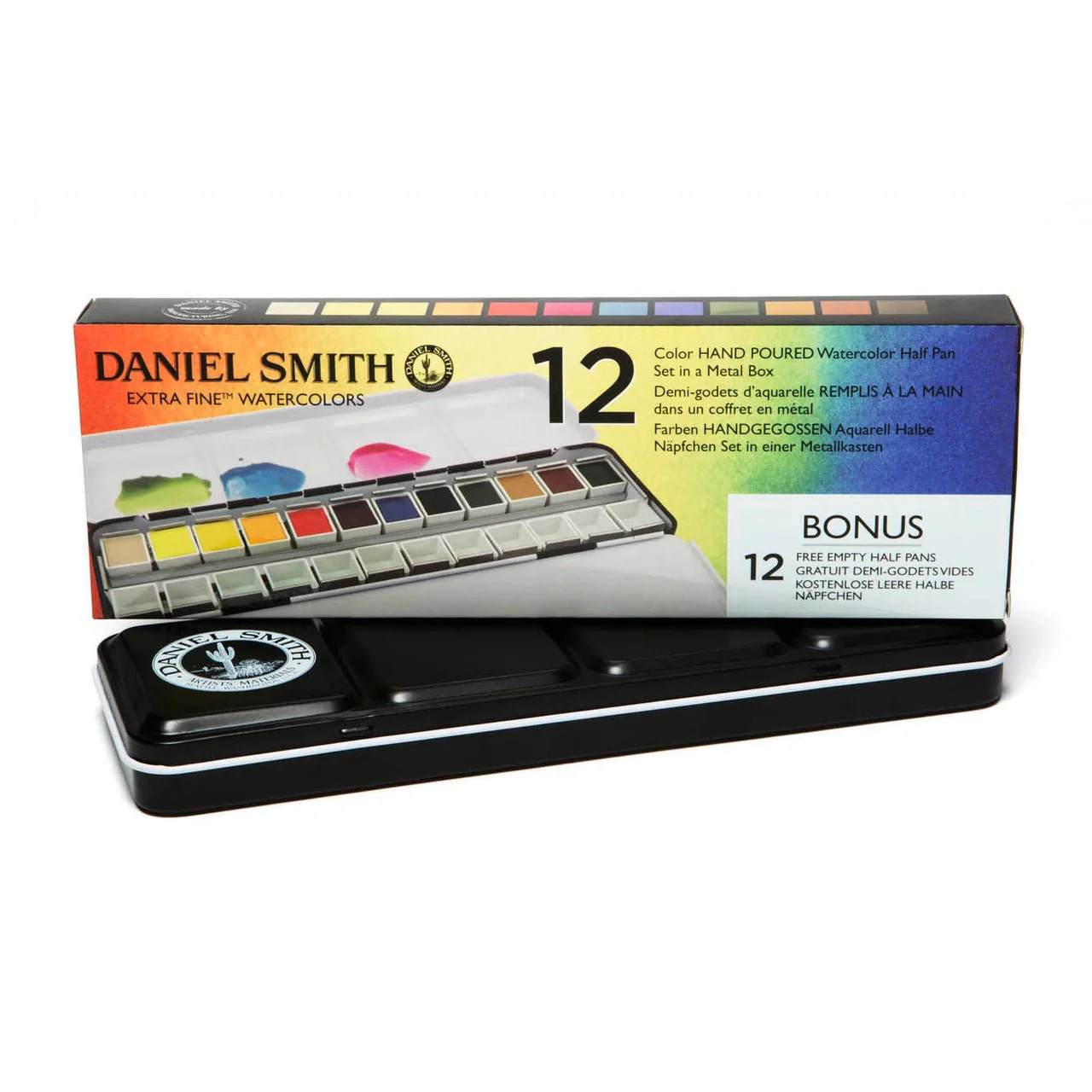 Daniel Smith Extra Fine Watercolor Set - 12 Color Hand Poured Half Pan Set in a METAL BOX with BONUS 12 Empty Half Pans