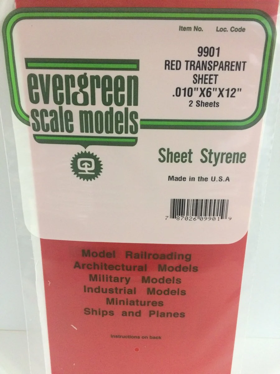 Evergreen Scale Models 9901 - .010 thick Red transparent 6" x 12 sheets (2)