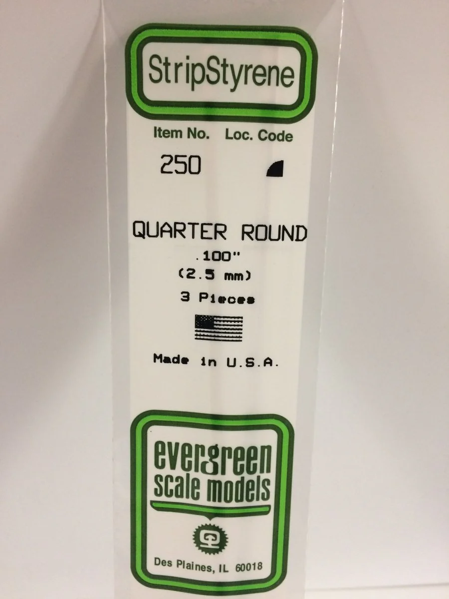 Evergreen Scale Models 250 - .100" (2.5mm) X 14" Quarter Round (3)