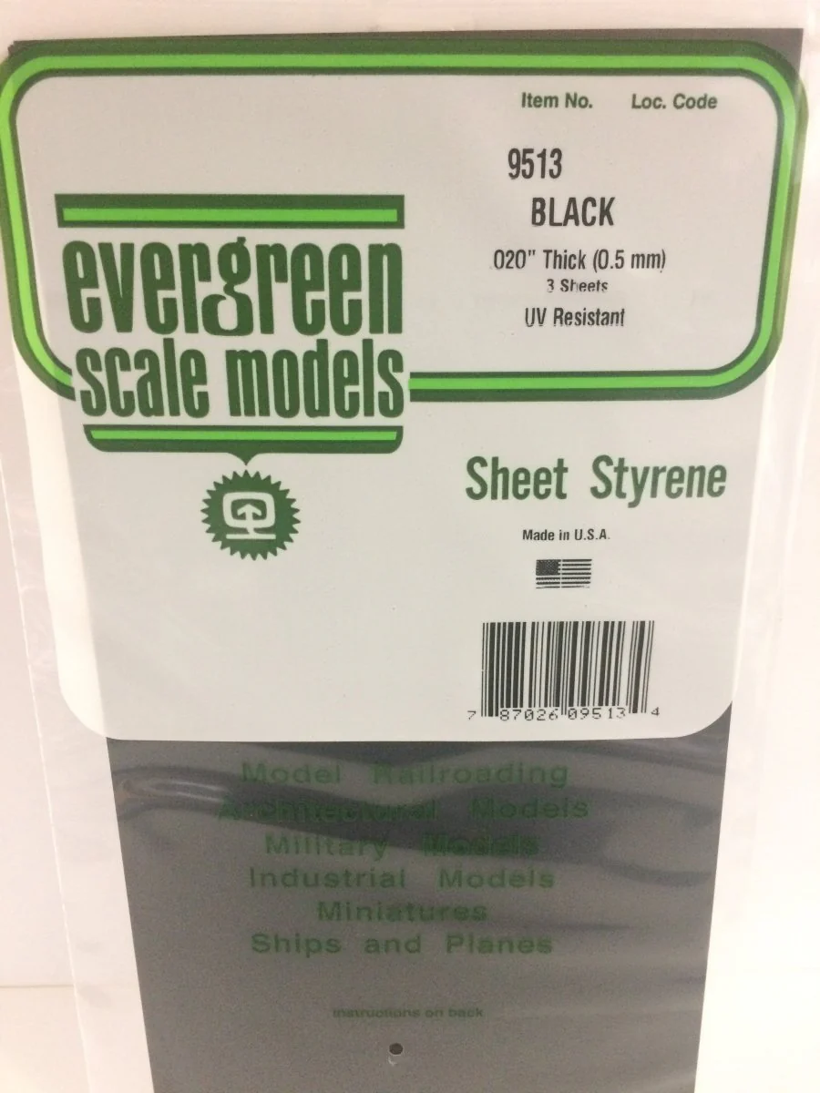 Evergreen Scale Models 9513 - 6 X 12" Black Polystyrene .020" Thick (3)
