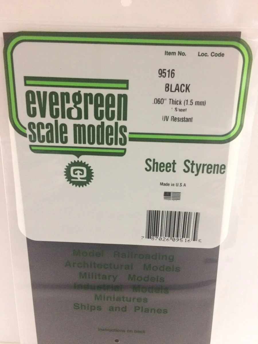 Evergreen Scale Models 9516 - 6 X 12" Black Polystyrene .060" Thick (1)