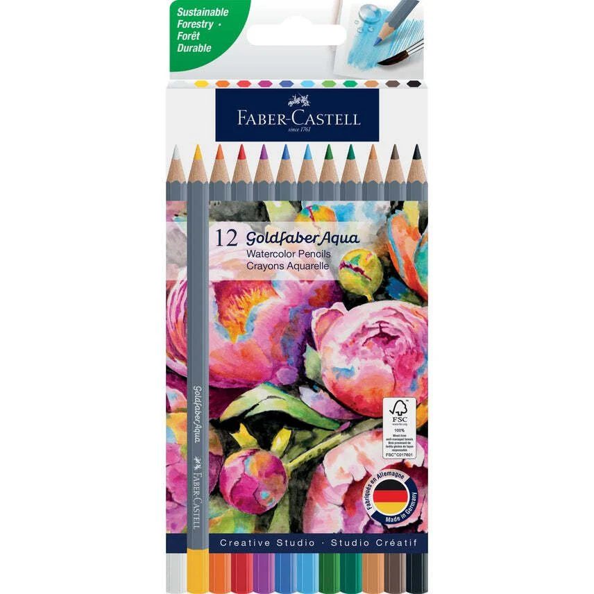 Faber-Castell Goldfaber Aqua Watercolor Pencils Box of 12 Basic Colors