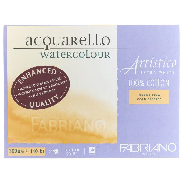 Fabriano Artistico Extra White Watercolor Block - 140 lb. (300 gsm) Cold Press - 20 Sheets - 12" x 16"