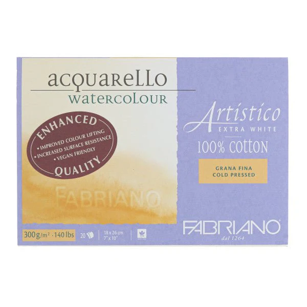 Fabriano Artistico Extra White Watercolor Block - 140 lb. (300 gsm) Cold Press - 20 Sheets - 7" x 10"