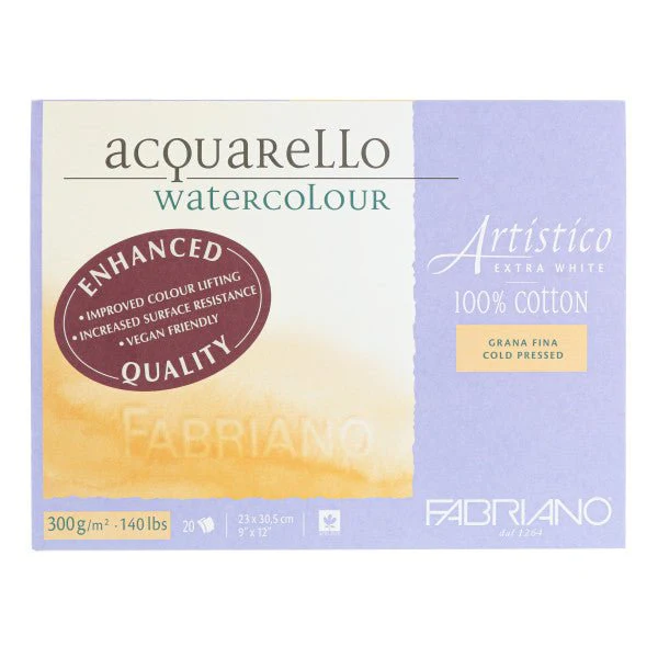 Fabriano Artistico Extra White Watercolor Block - 140 lb. (300 gsm) Cold Press - 20 Sheets - 9" x 12"