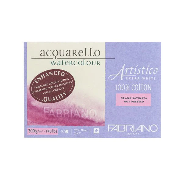 Fabriano Artistico Extra White Watercolor Block - 140 lb. (300 gsm) Hot Press - 25 Sheets - 5" x 7"