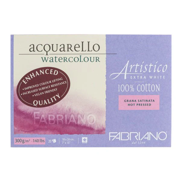 Fabriano Artistico Extra White Watercolor Block - 140 lb. (300 gsm) Hot Press - 20 Sheets - 7" x 10"