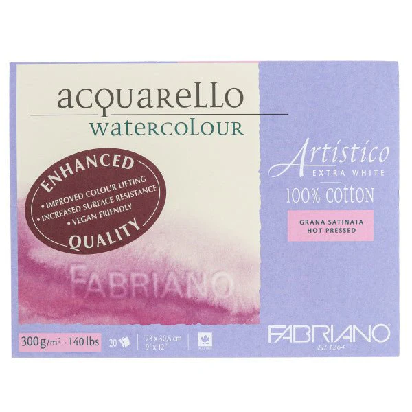 Fabriano Artistico Extra White Watercolor Block - 140 lb. (300 gsm) Hot Press - 20 Sheets - 9" x 12"