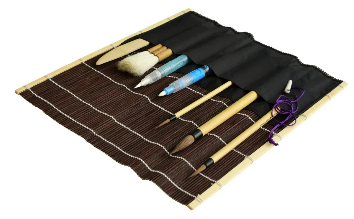 Yasutomo Fudemaki Bamboo Roll Up Brush Holder - Brown with Pockets - Image 2
