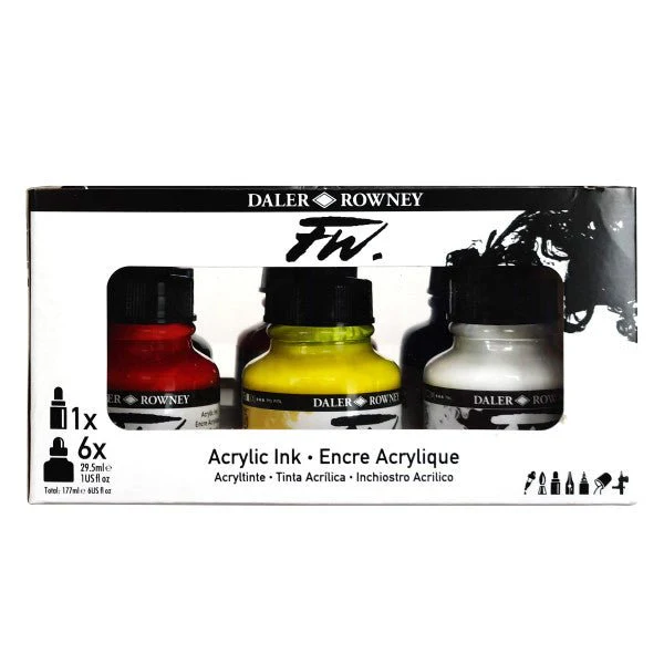 FW Acrylic Artists Ink Primary Colors Set - Six 1 oz Bottles and one FW empty paint marker