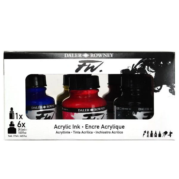 FW Acrylic Artists Ink Primary Colors Set - Six 1 oz Bottles and one FW empty paint marker - Image 2
