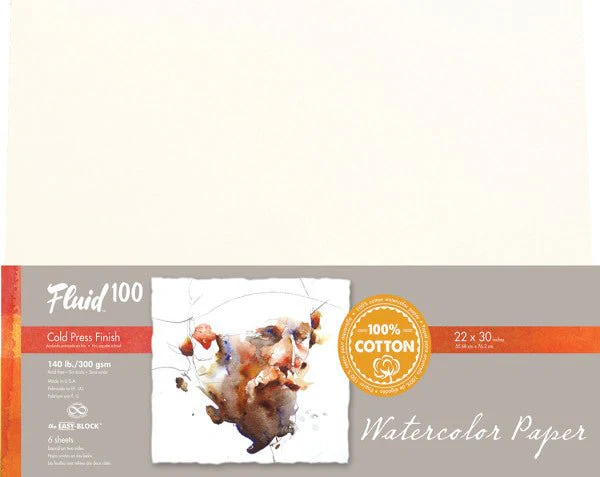 Fluid 100 Cold Press 140 lb. Watercolor Paper 22x30 inch - 6 Sheet Pack