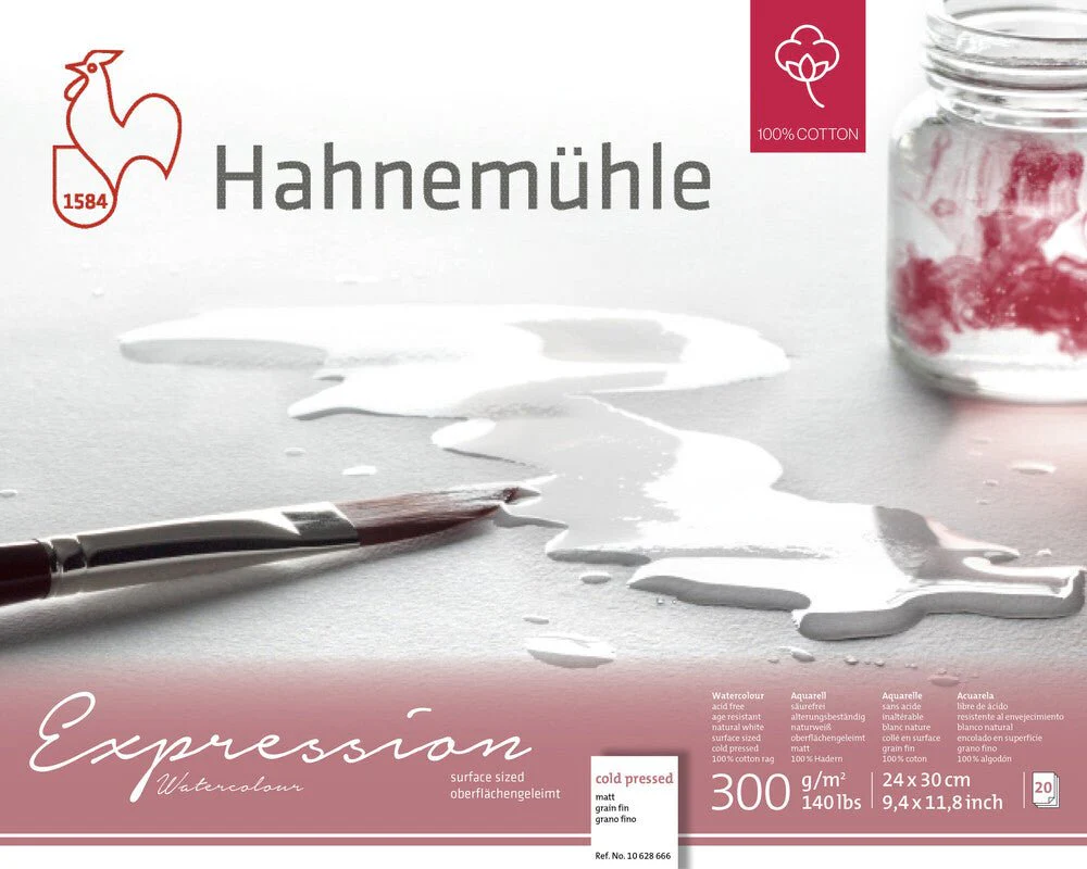 Hahnemuhle Expression Watercolor 300gsm, 100% cotton rag, block, 4-sides glued, 20 sheets, 9.45 x 11.81in