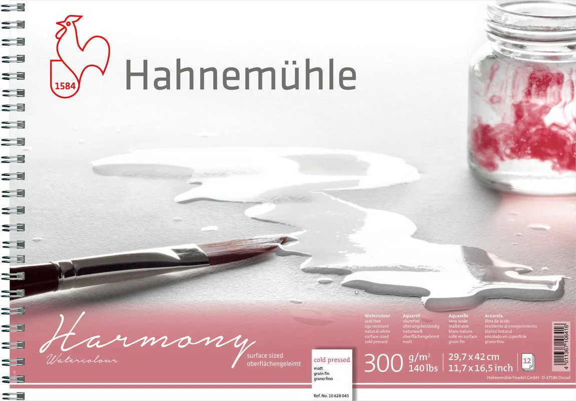 Hahnemuhle Harmony Watercolor 300gsm,  11.69 x 16.54in cold pressed, 12 sheets, spiral bound