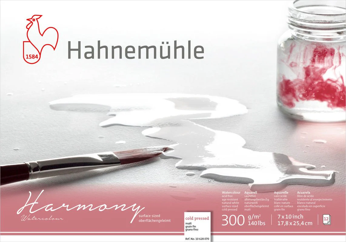 Hahnemuhle Harmony Watercolor 300gsm, 7x10in, block cold pressed, 12 sheets, 4-sides glued