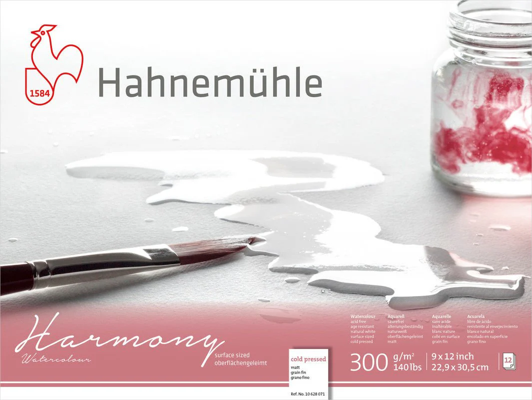 Hahnemuhle Harmony Watercolor 300gsm, 9X12in, block cold pressed, 12 sheets, 4-sides glued