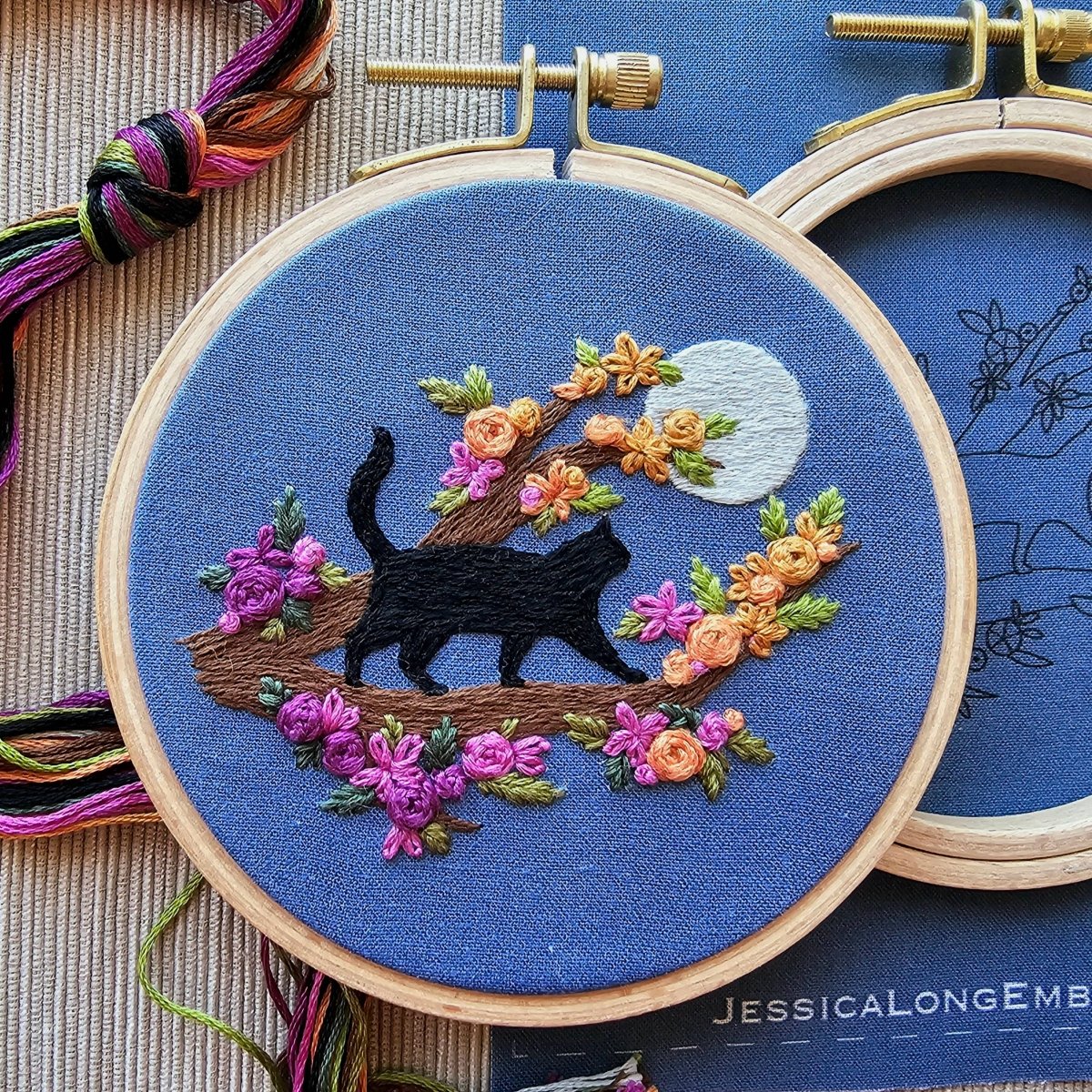 Jessica Long Embroidery - Mini Black Cat & Full Moon Embroidery Kit