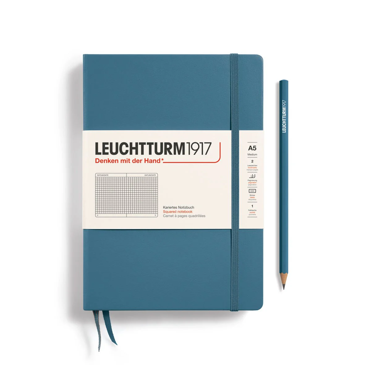 Leuchtturm1917 Hardcover Notebook - Stone Blue - Medium 5.75 x 8.25 inch (A5) - 251 pages - squared