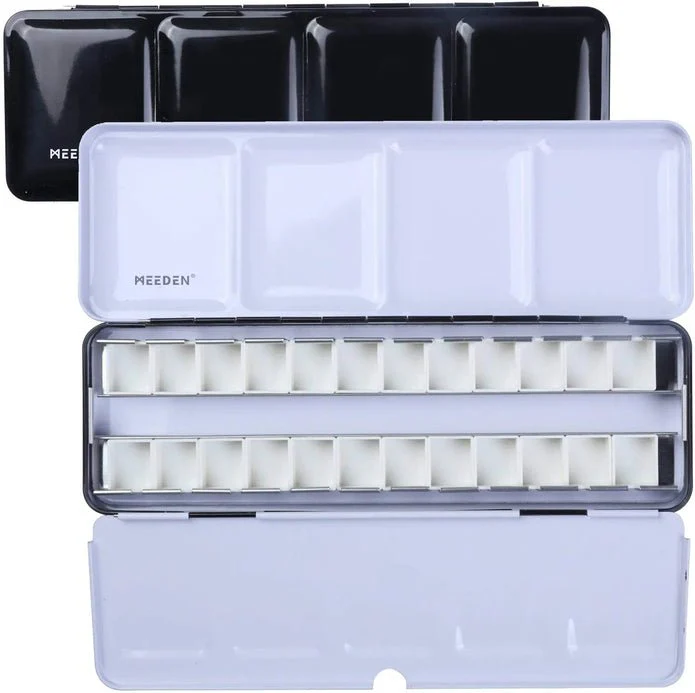 *Discontinued due to tarrifs* MEEDEN Empty Watercolor Enameled Palette with 24 Pcs Half Pans, Black