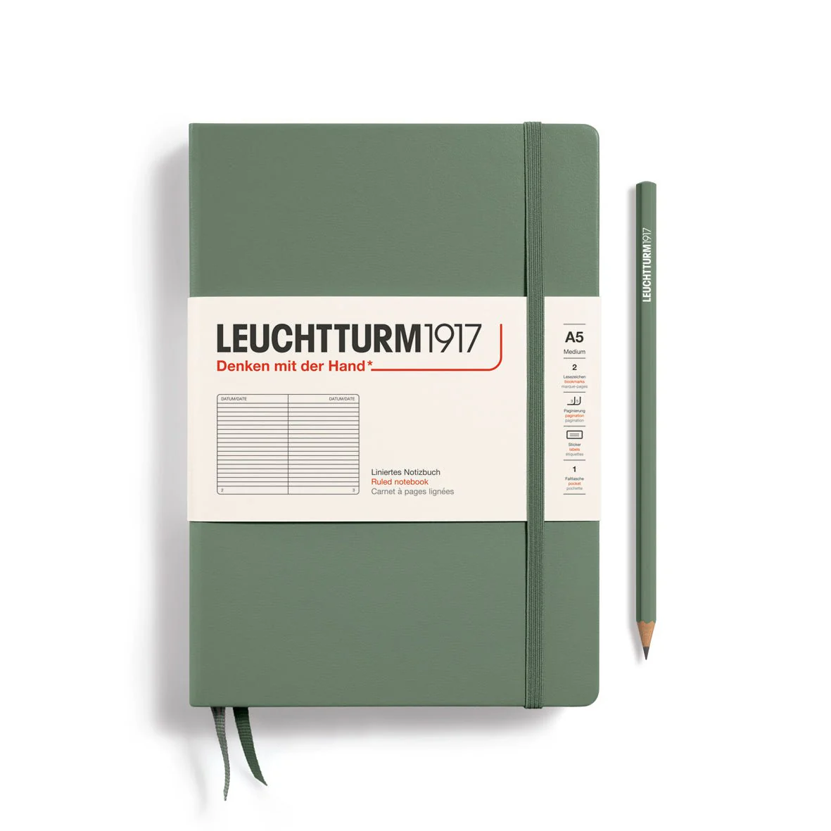 Leuchtturm1917 Hardcover Notebook - Olive - Medium 5.75 x 8.25 inch (A5) - 251 pages - ruled