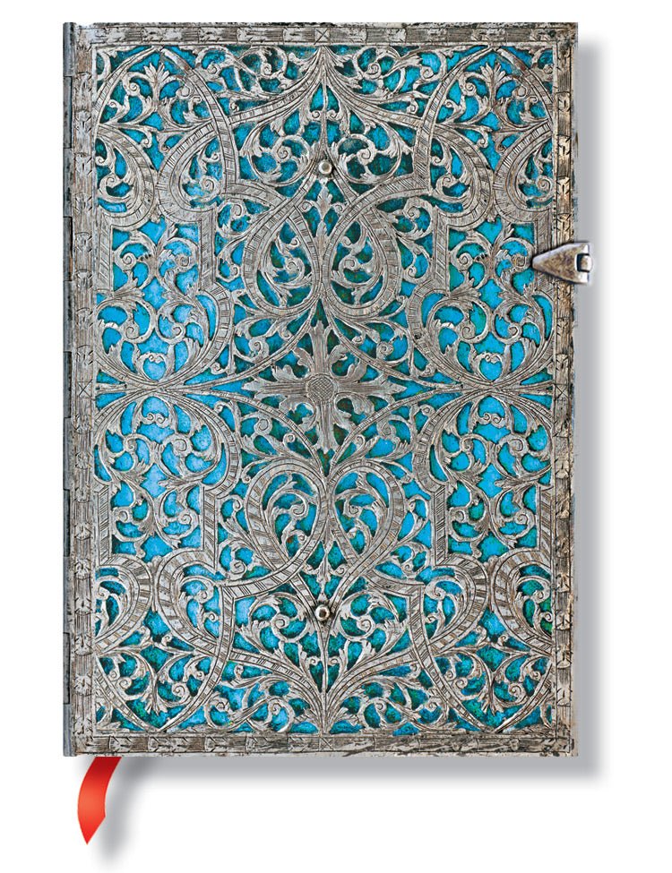 Paperblanks Journal Silver Filigree: Maya Blue Midi Lined 5x7 inch, 240 pages