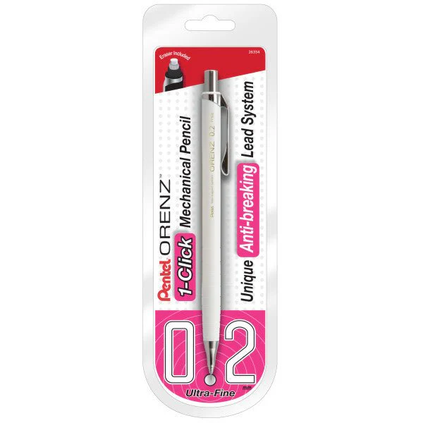 Pentel ORENZ 1-Click Mechanical Pencil 0.2mm, White Barrel, 1pk, Red Card