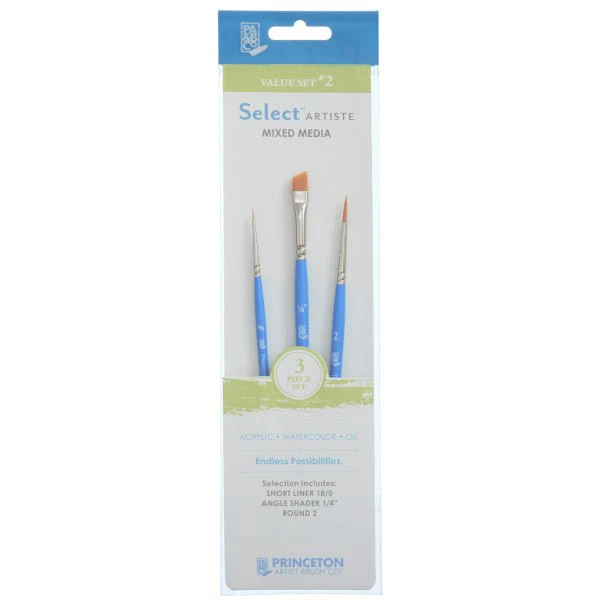 Princeton Brush Select Artiste Brush Value Set #2 (Short Liner 18/0, Angle Shader 1/4" & Round 2)