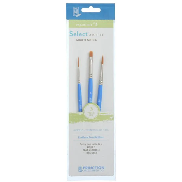 Princeton Brush Select Artiste Brush Value Set #3 (Liner 1, Flat Shader 4 & Round 3)