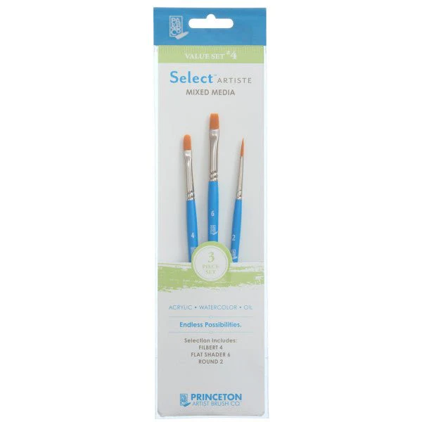 Princeton Brush Select Artiste Brush Value Set #4 (Filbert 4, Flat Shader 6 & Round 2)