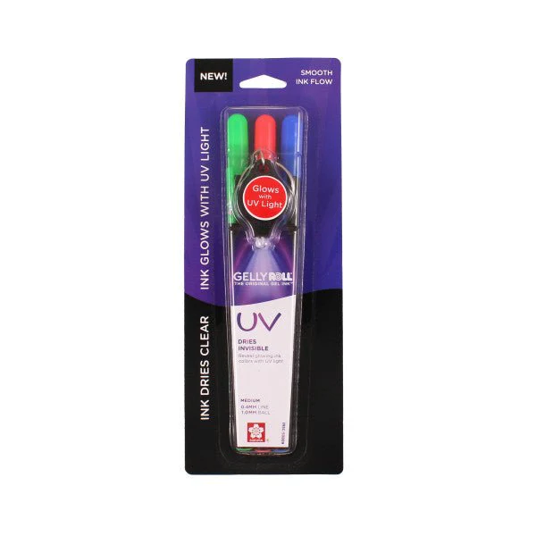 Sakura Gelly Roll UV Pen Set - 4 Piece Set (Red, Blue & Green Pens & UV Keychain Light)
